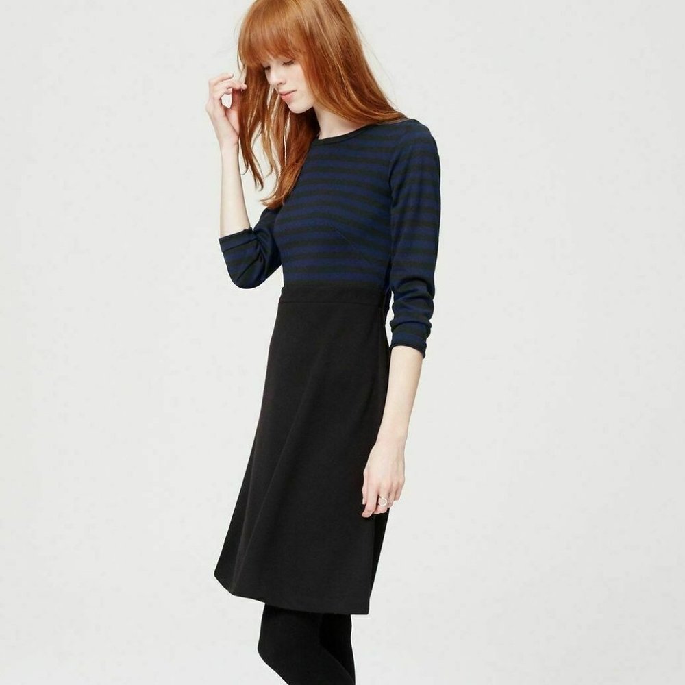NWT  ANN TAYLOR LOFT  BLACK & BLUE STRIPED & BLOCK 3/4 SLEEVES DRESS SIZE: 8